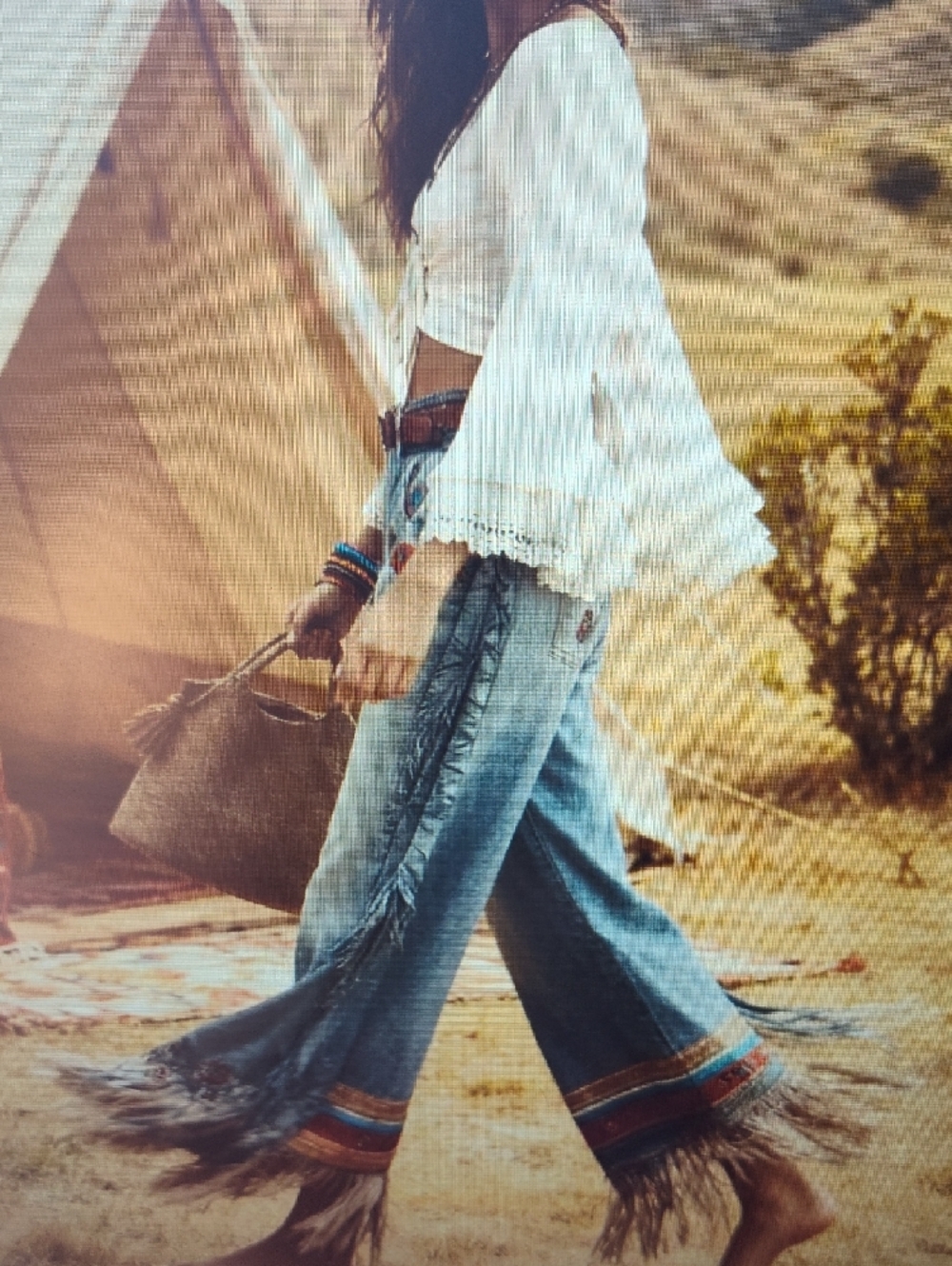 Boho Embroidered  Light Wash Wide-Leg Pants w / Fringe Jean (Material Not Jean ) - Picture 3 of 10